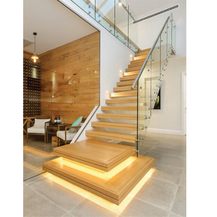 Modern LED natural solid oak wood staircase steel tread white oak stairs