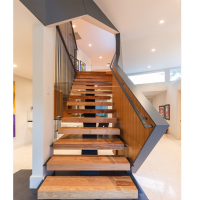 Fabricated Modern Wooden LED Light Staircase Straight Stairs Customized Interior Timber Floating Staircase Kits