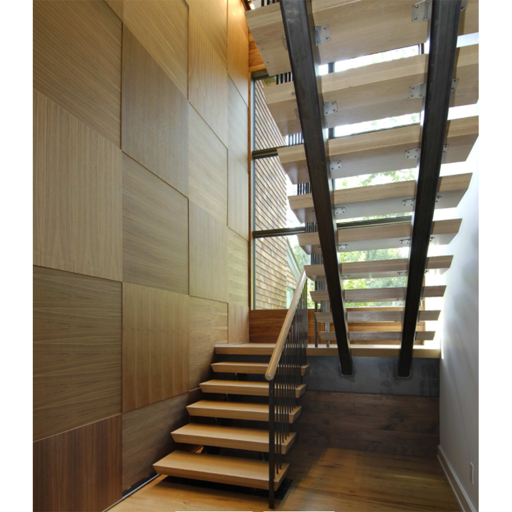 Fabricated Modern Wooden LED Light Staircase Straight Stairs Customized Interior Timber Floating Staircase Kits