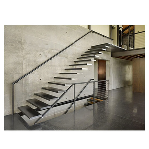 Modern LED natural solid oak wood staircase steel tread white oak stairs