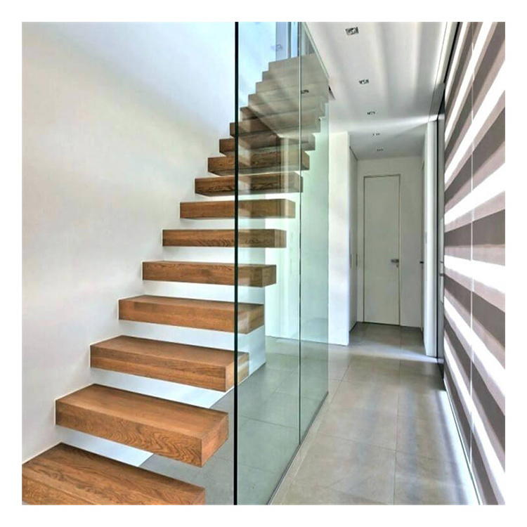 Modern LED natural solid oak wood staircase steel tread white oak stairs