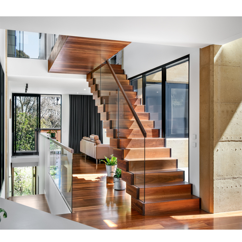 Indoor Wooden Staircase interior Invisible Stringer Floating Stairs With solid Wood Tread