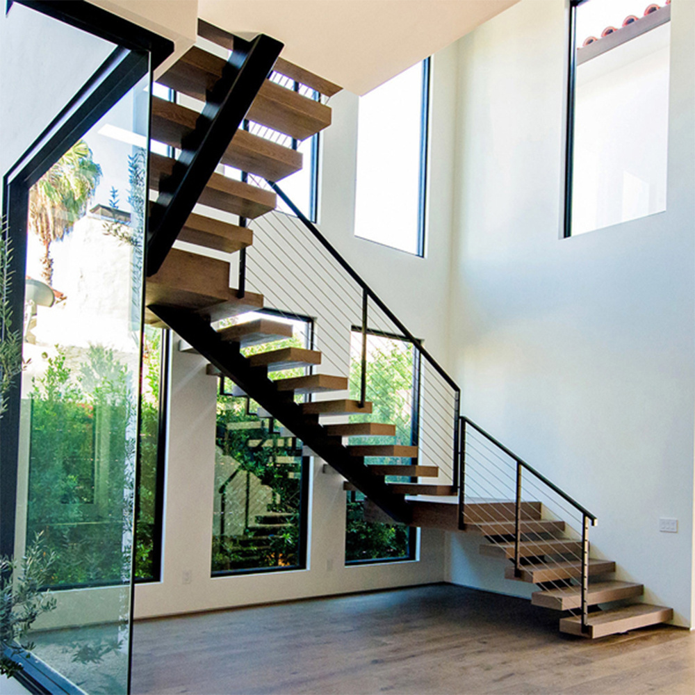 Indoor Wooden Staircase interior Invisible Stringer Floating Stairs With solid Wood Tread