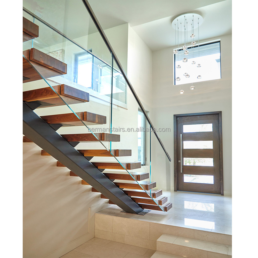 Indoor Wooden Staircase interior Invisible Stringer Floating Stairs With solid Wood Tread