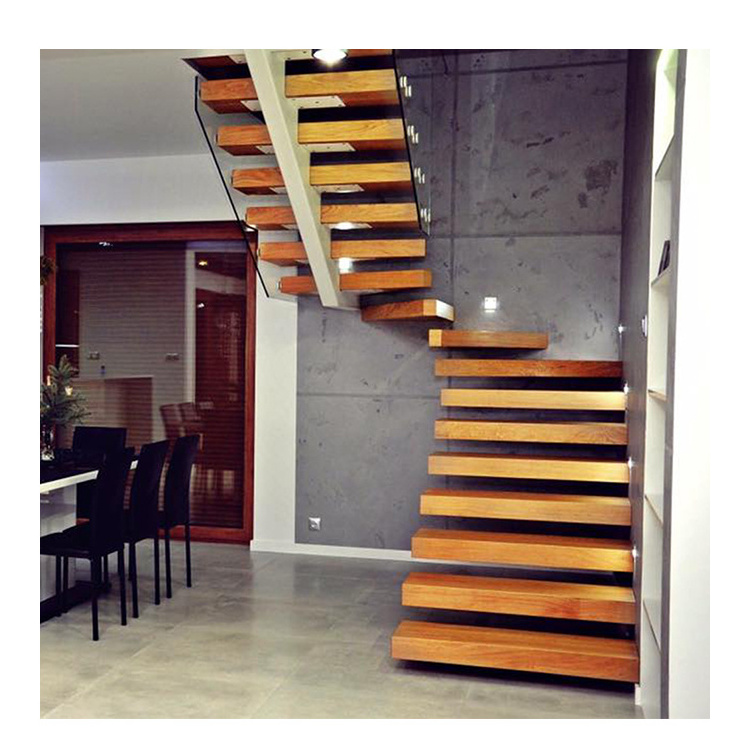 Modern LED natural solid oak wood staircase steel tread white oak stairs