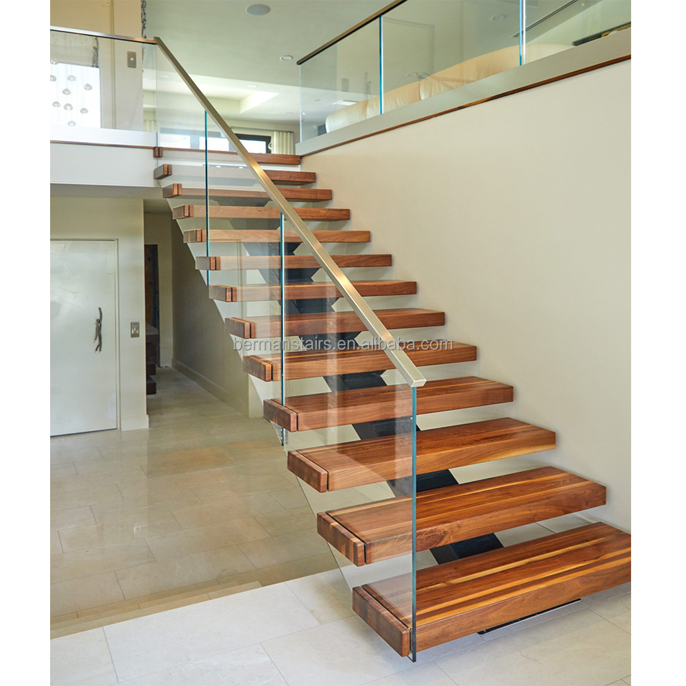 Indoor Wooden Staircase interior Invisible Stringer Floating Stairs With solid Wood Tread