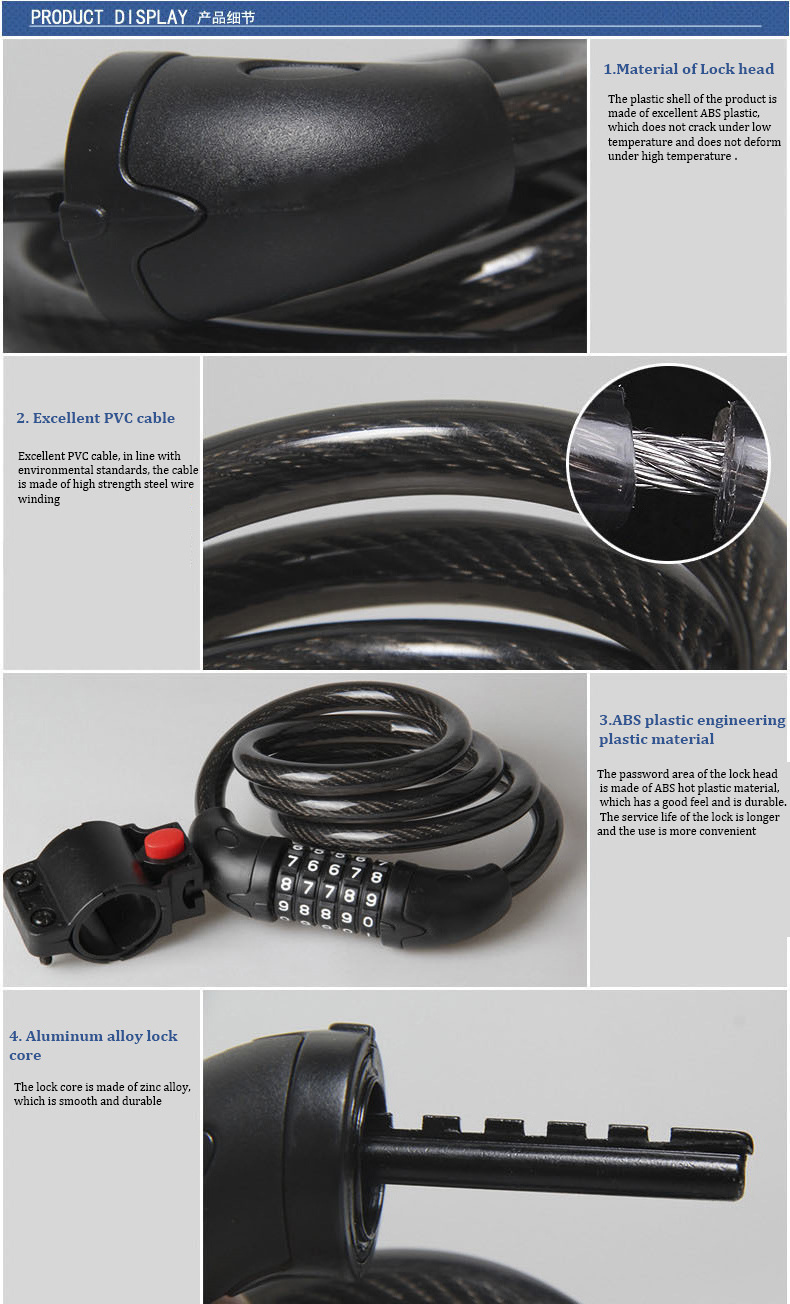 Keyless Silicone Bike Security Lock Combination Chain Bicycle Cable Padlock 4 Digit Locks