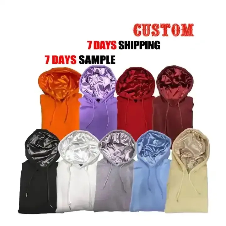 High Quality Custom Mock Neck Hoodie Streetwear Men Satin Lined HoodieOversized Cotton Puff Printing satin lined hoodie