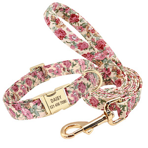 Beirui New Gold Nameplate Buckle Nylon Lining Printed Cloth Pet Dog Collar & leash De Perro For Dogs