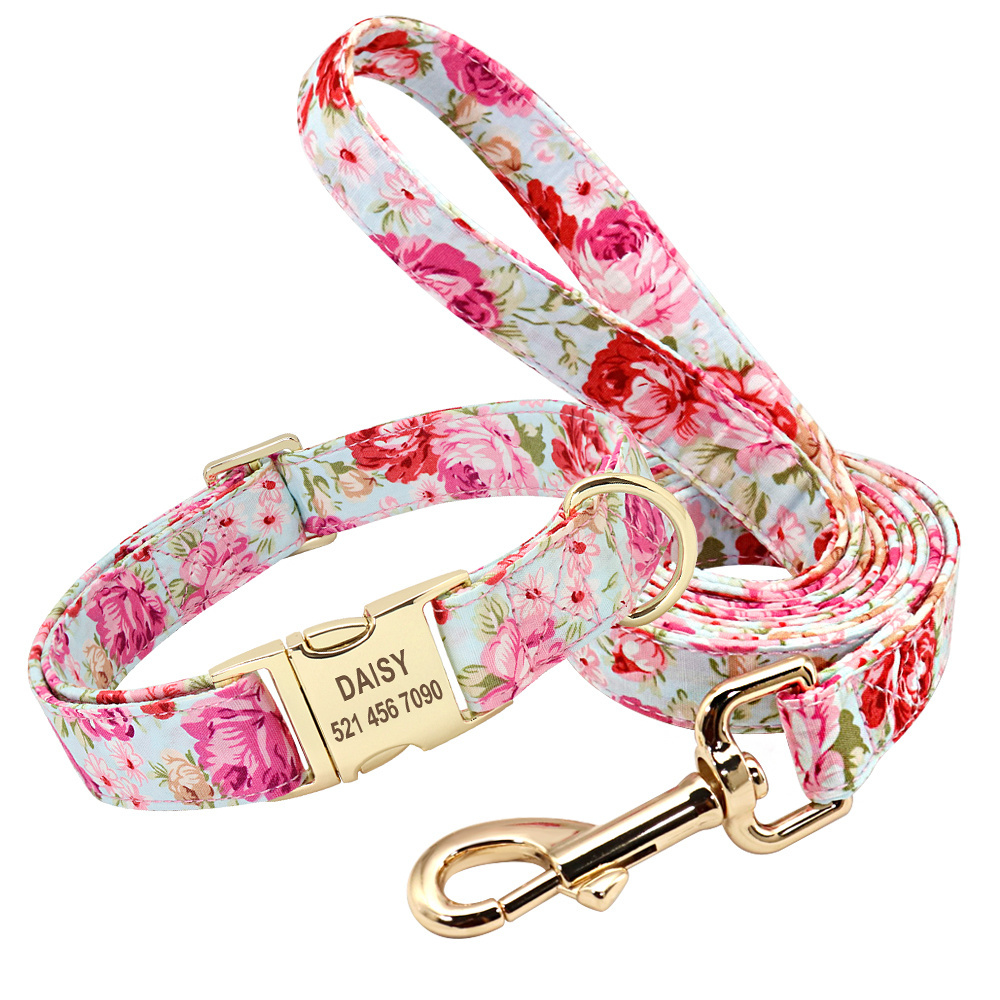 Beirui New Gold Nameplate Buckle Nylon Lining Printed Cloth Pet Dog Collar & leash De Perro For Dogs