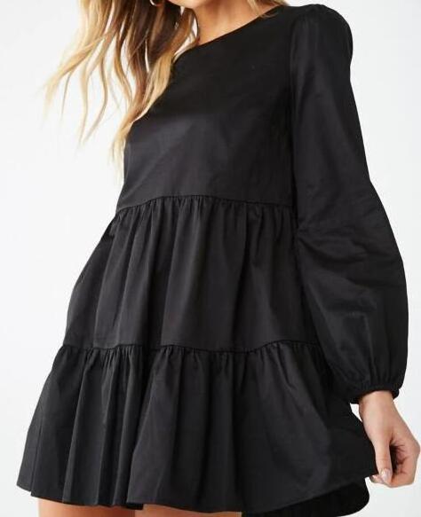 HOT new arrival ladies poplin tiered mini dress long sleeve solid tunic dress