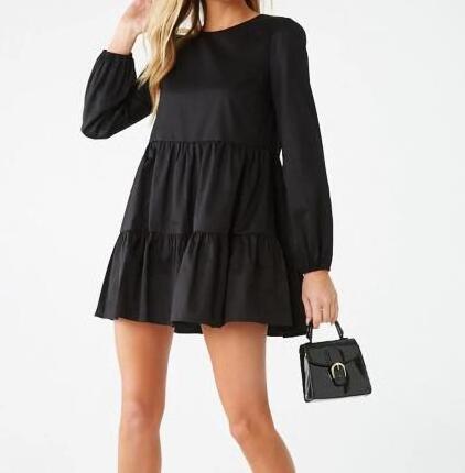 HOT new arrival ladies poplin tiered mini dress long sleeve solid tunic dress