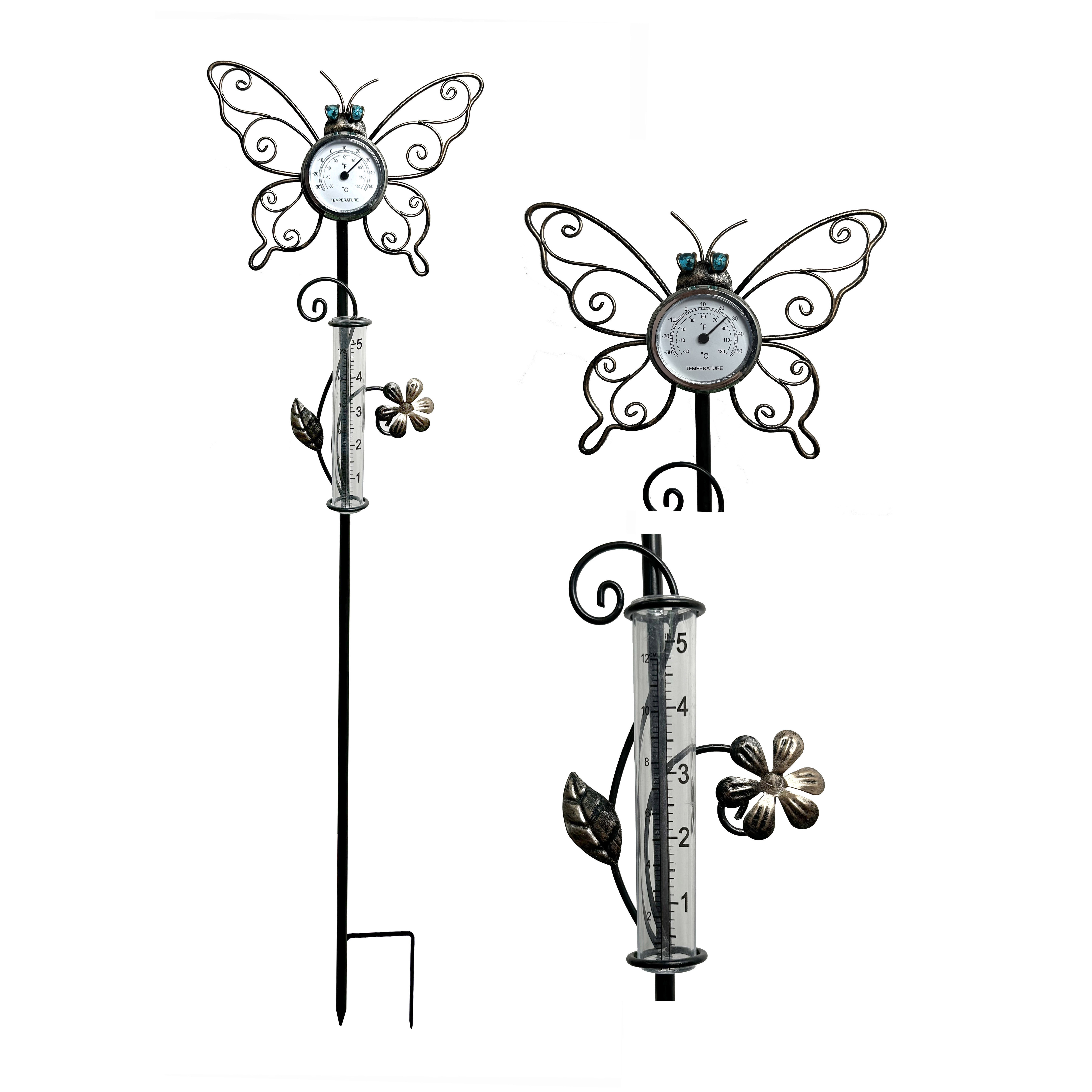 Outdoor Rain Gauge Stake Metal Butterfly with Thermometer Plastic Tube Rain Gauge for Garden Yard Decor