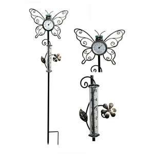 Outdoor Rain Gauge Stake Metal Butterfly with Thermometer Plastic Tube Rain Gauge for Garden Yard Decor