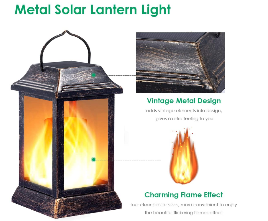 Solar Lights Metal Flickering Flame Solar Lantern Outdoor Hanging Lanterns