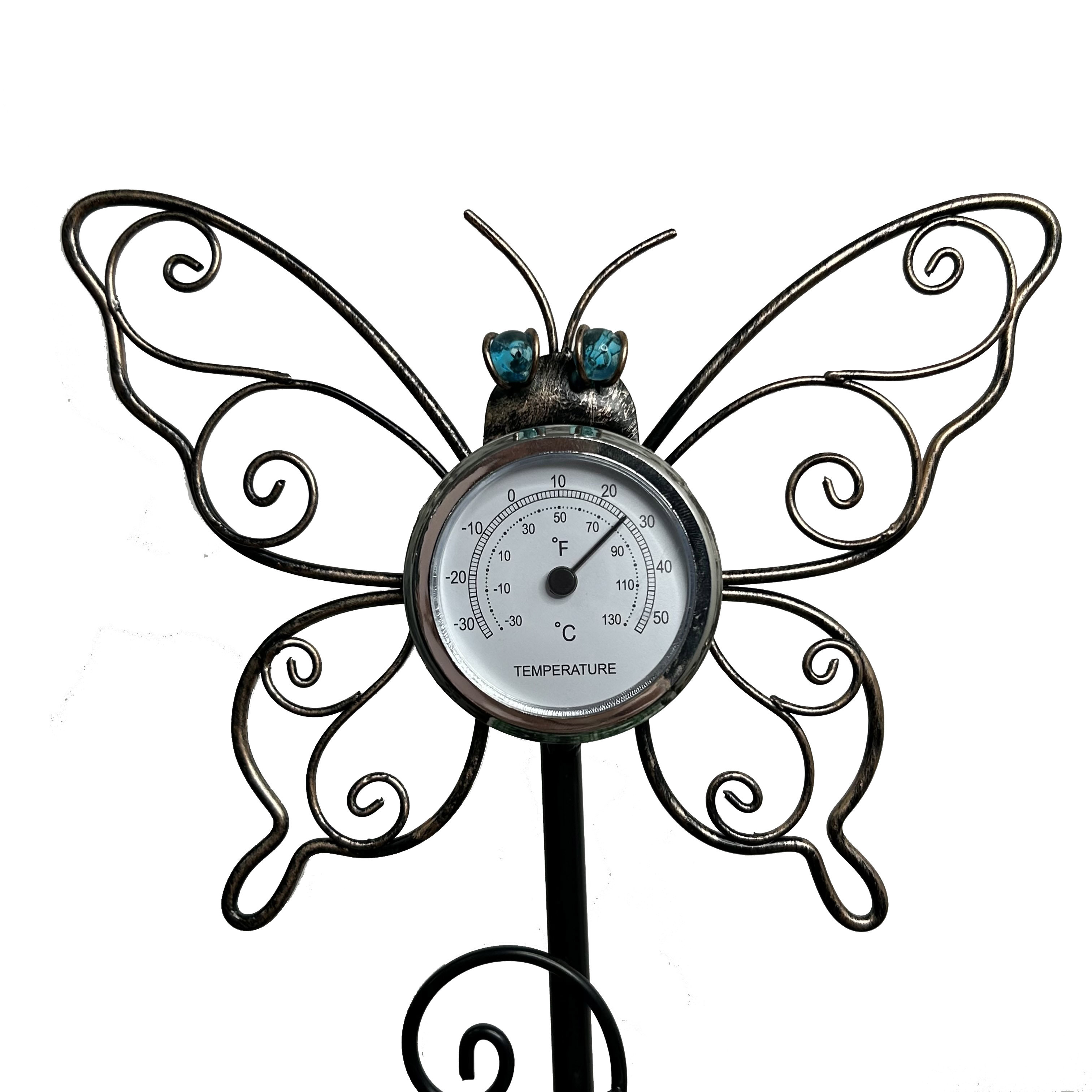 Outdoor Rain Gauge Stake Metal Butterfly with Thermometer Plastic Tube Rain Gauge for Garden Yard Decor