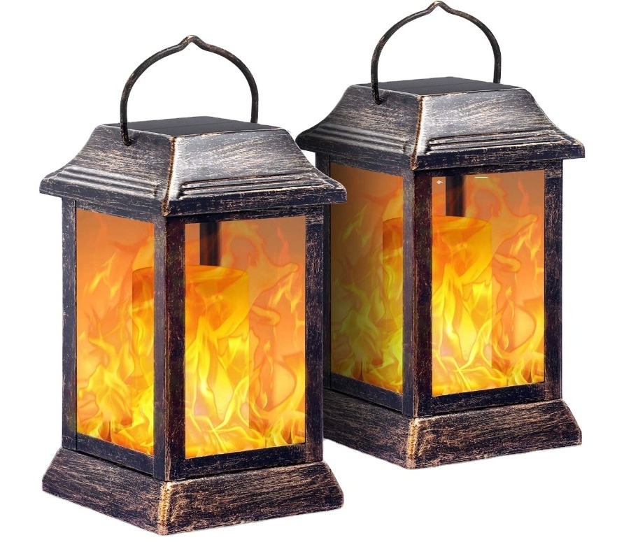 Solar Lights Metal Flickering Flame Solar Lantern Outdoor Hanging Lanterns