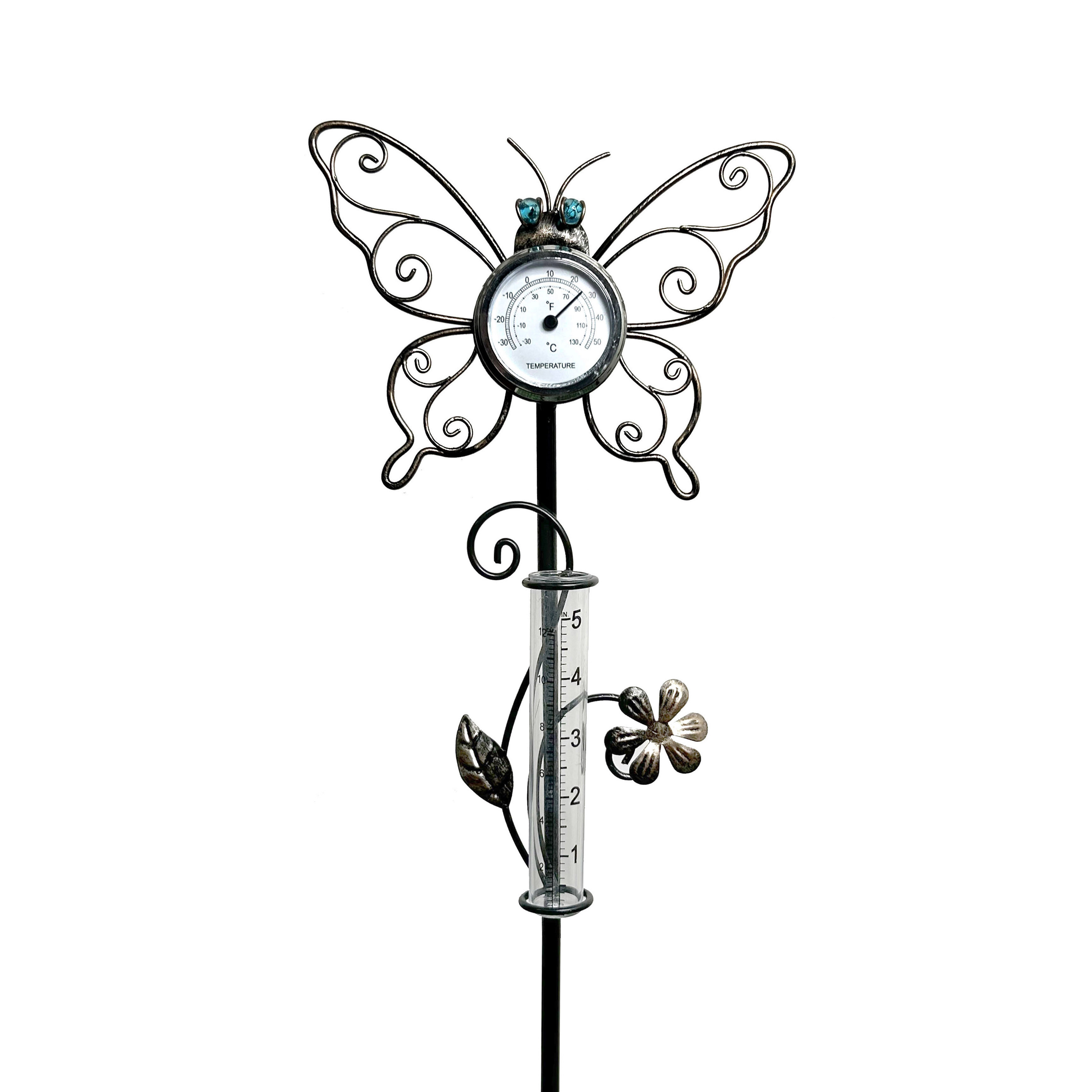 Outdoor Rain Gauge Stake Metal Butterfly with Thermometer Plastic Tube Rain Gauge for Garden Yard Decor