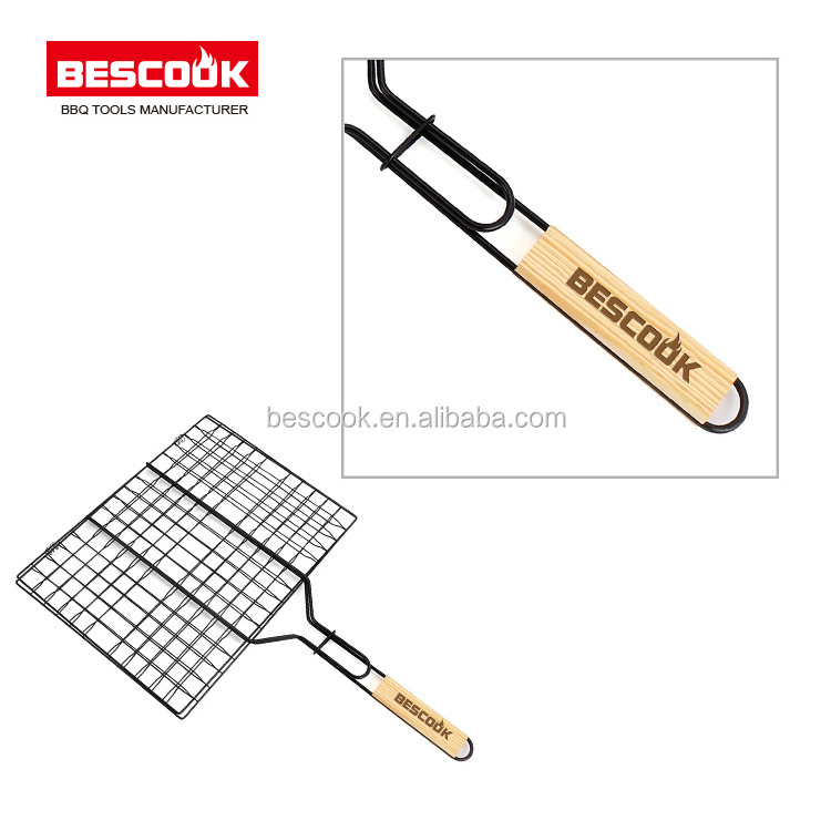 China Supplier Wholesale BBQ Accessories BBQ Grill Basket With Wooden Handle barbecue grill