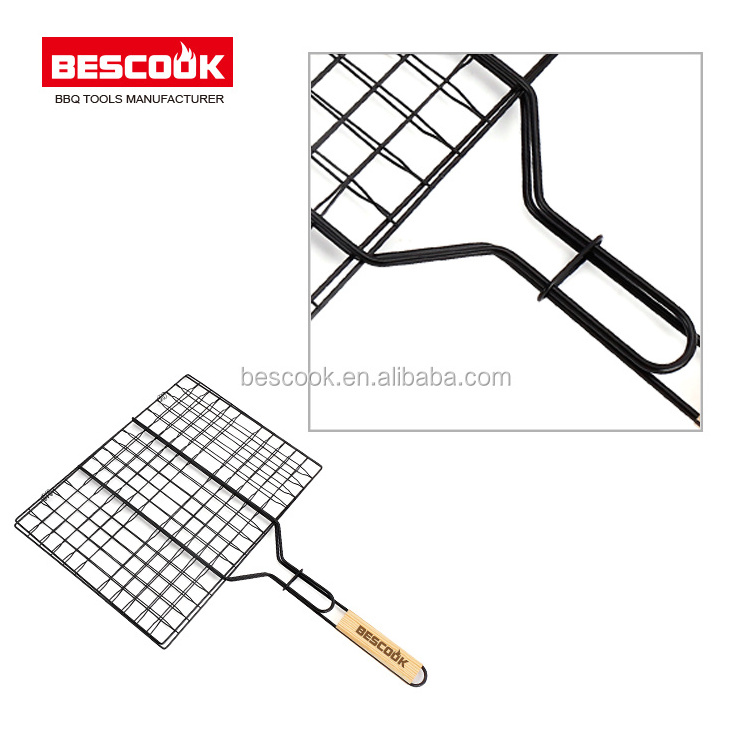 China Supplier Wholesale BBQ Accessories BBQ Grill Basket With Wooden Handle barbecue grill