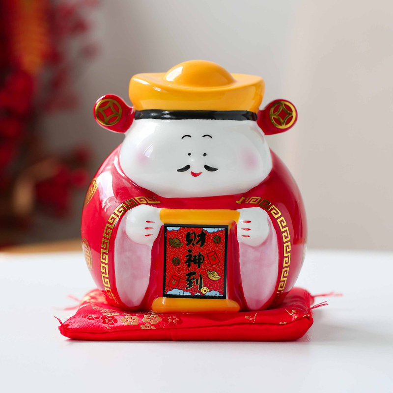 Hand painted God of Wealth decoration ceramic coin bank cute red money box Ingot piggy bank jar cheap wholesale