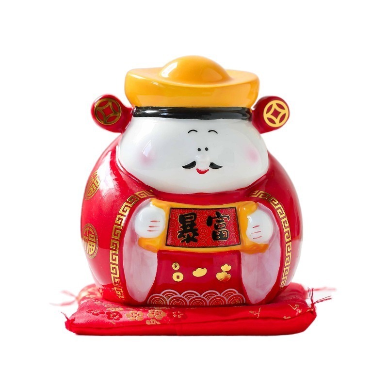 Hand painted God of Wealth decoration ceramic coin bank cute red money box Ingot piggy bank jar cheap wholesale