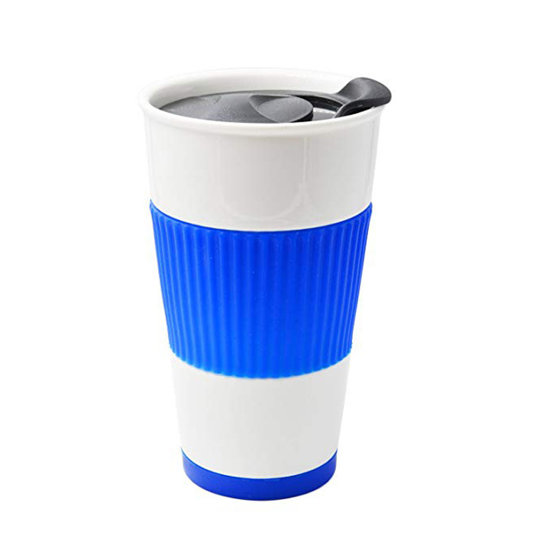 Ceramic Coffee Travel Mug with Silicone Lid and Sleeve 12oz Portable Insulated Reusable Tall Coffee Cups