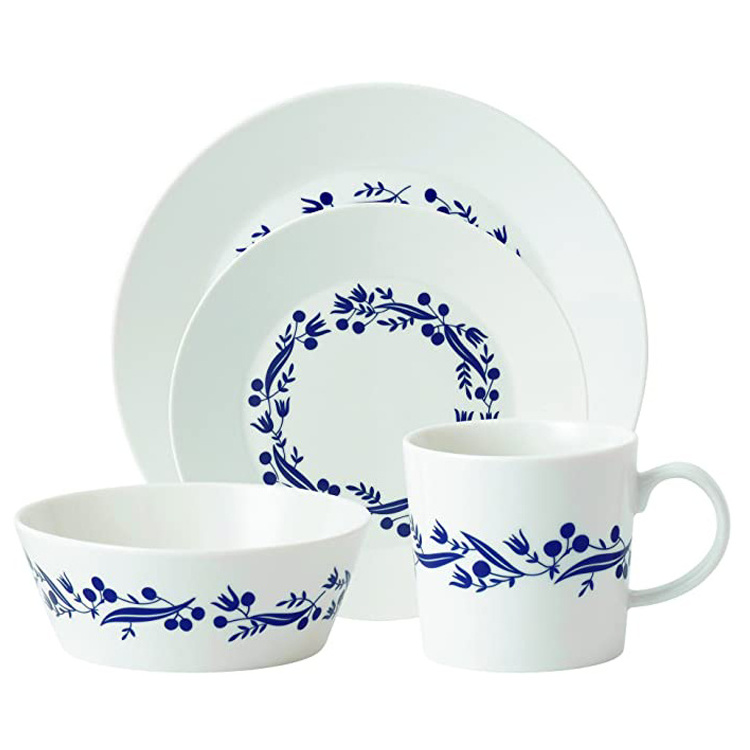 4pcs cheap white glazed blue decal custom Kitchen ceramic dinnerware sets porcelain