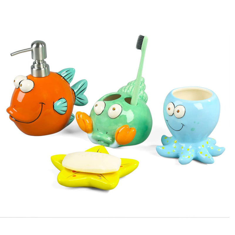 sea fish design hand painted kids bathroom accessory set ceramic