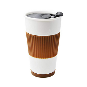 Ceramic Coffee Travel Mug with Silicone Lid and Sleeve 12oz Portable Insulated Reusable Tall Coffee Cups