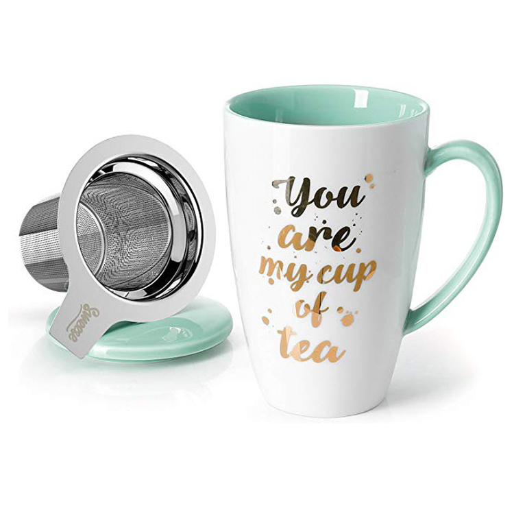 white decal coffee milk porcelain mug with lid and stainless steel infuser tea cup sets ceramic