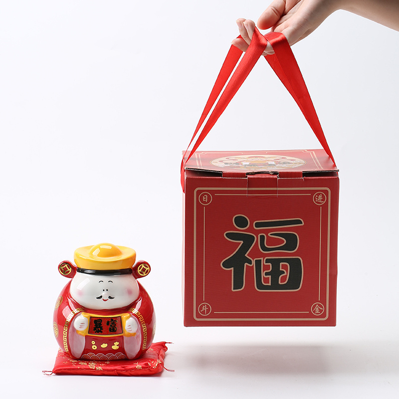 Hand painted God of Wealth decoration ceramic coin bank cute red money box Ingot piggy bank jar cheap wholesale