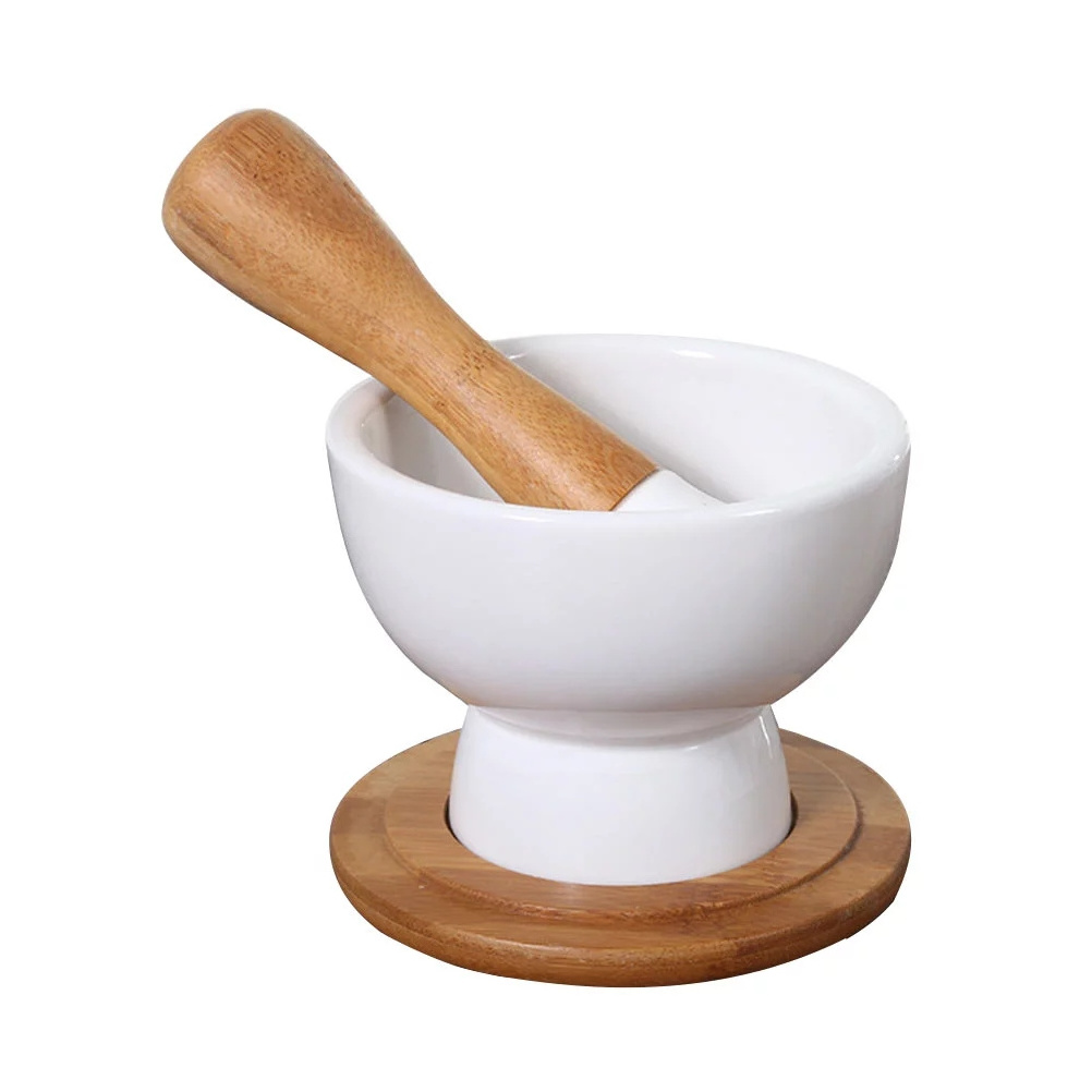 Custom Porcelain Mortar and wooden Pestle embosed logo ceramic Grinder bowl and Mixer for Pharmacy or Science Lab