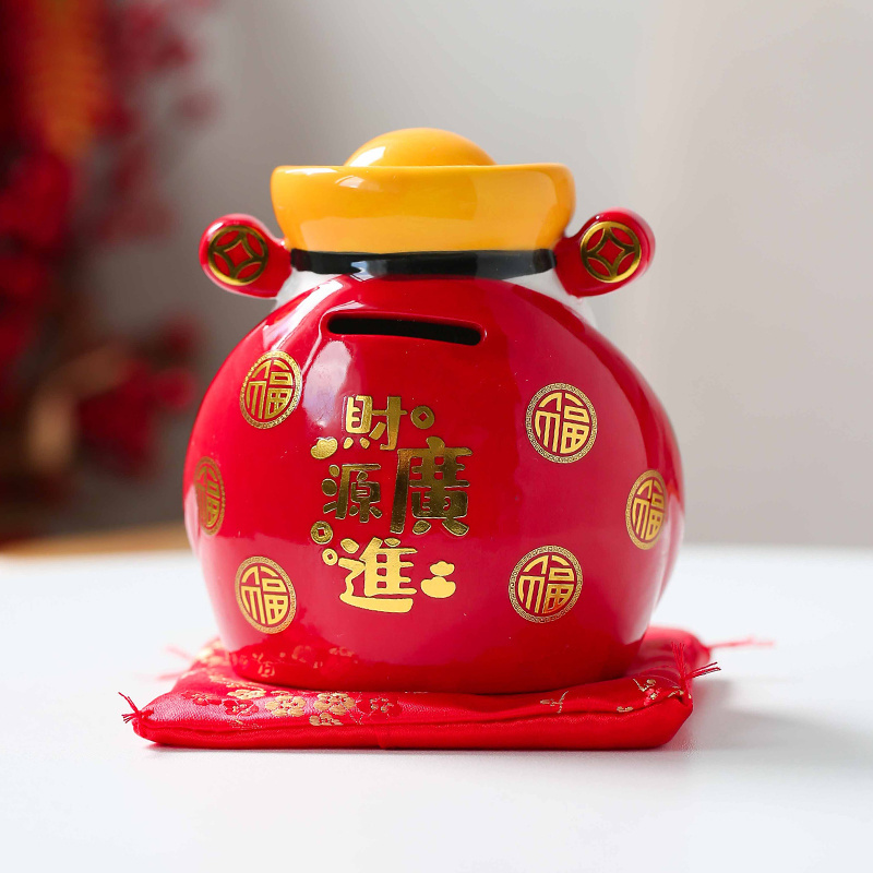 Hand painted God of Wealth decoration ceramic coin bank cute red money box Ingot piggy bank jar cheap wholesale