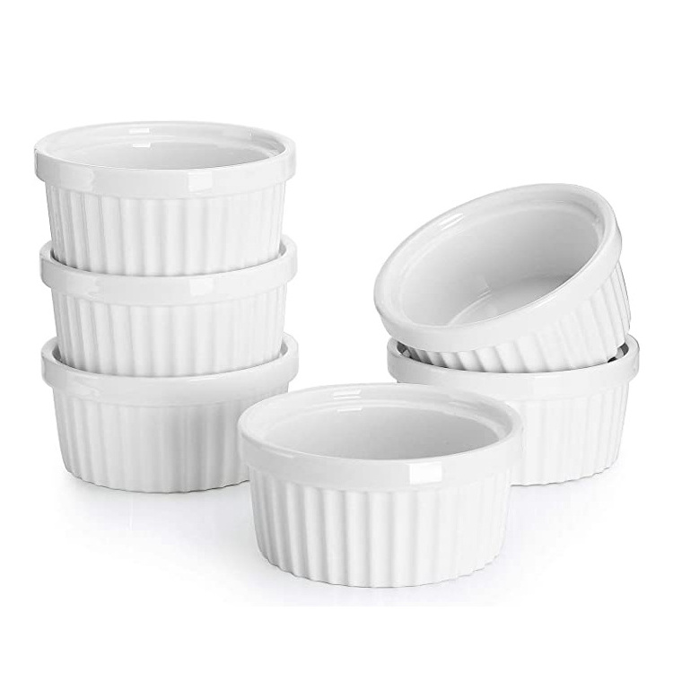 6 OZ Ramekin Bowls Bakeware Set for Baking and Cooking Oven Safe Sleek Porcelain White Ramikins for Pudding Creme Brulee