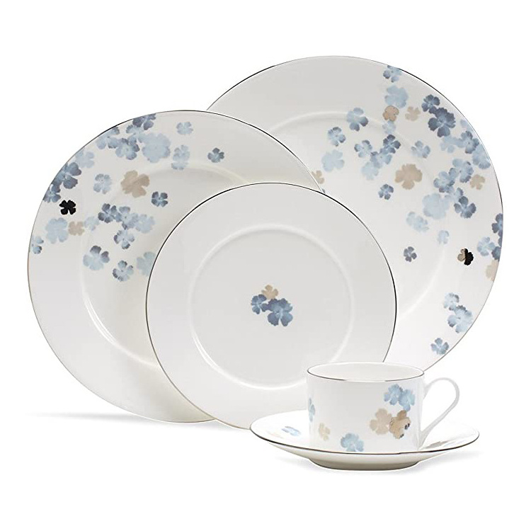 4pcs cheap white glazed blue decal custom Kitchen ceramic dinnerware sets porcelain