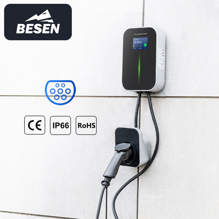 BESEN 16A EV Charger Wallbox 11kW 3phase EU Standard LCD Screen Electric Car Charging Station with IEC621962 Cable