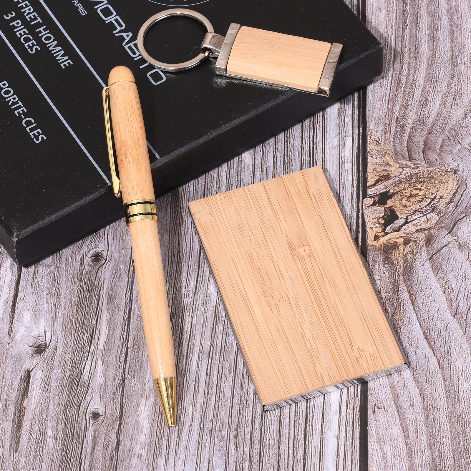 Custom Logo corporate Wooden Gift set bamboo Items CardHolder Pen keychain Luxury Fathers Day Gift Promotion Business Gift Set