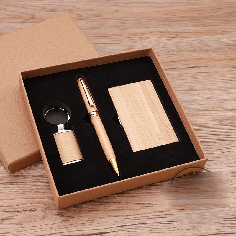 Custom Logo corporate Wooden Gift set bamboo Items CardHolder Pen keychain Luxury Fathers Day Gift Promotion Business Gift Set