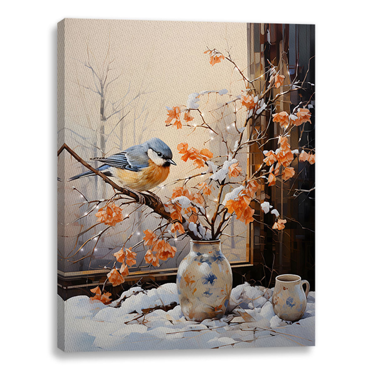 Winter cardinal birds wall picture, LED canvas painting for home decoration