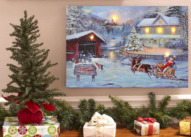 Mural Canvas Art Small LED Lighted Candles Christmas Wall Painting Picture Decor With Ice Skates And Sleigh Lighted up printing