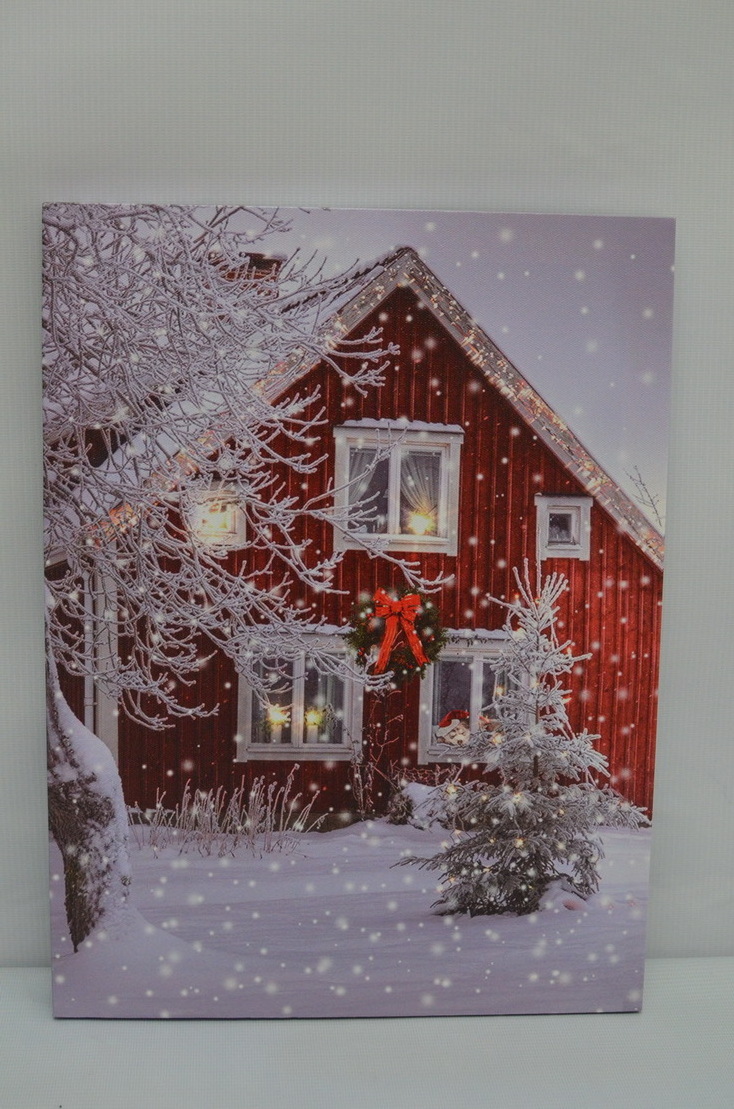 Amazon hot sale Christmas Snow Scene Light up  Wall Art Home Framed Decor Red house LED Canvas Christmas Painting on canvas