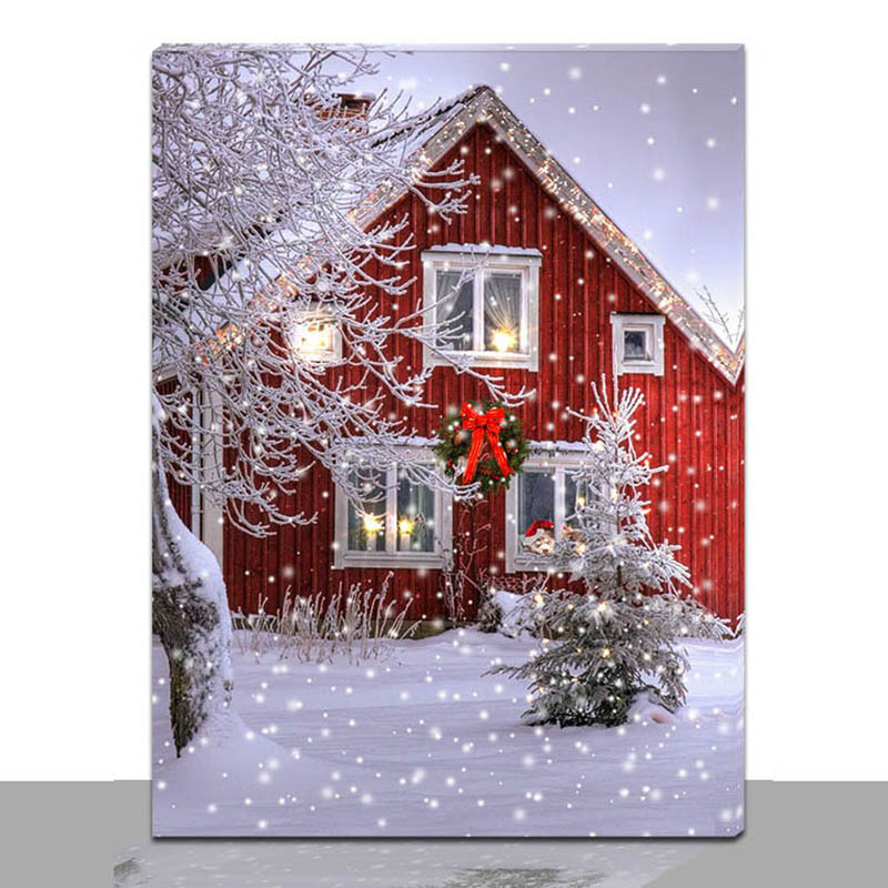 Amazon hot sale Christmas Snow Scene Light up  Wall Art Home Framed Decor Red house LED Canvas Christmas Painting on canvas