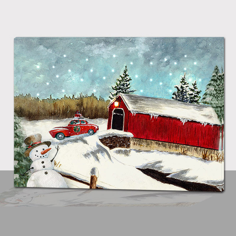 Amazon hot sale Christmas Snow Scene Light up  Wall Art Home Framed Decor Red house LED Canvas Christmas Painting on canvas