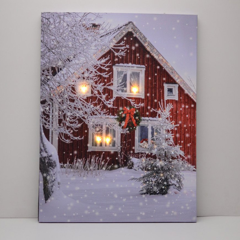 Amazon hot sale Christmas Snow Scene Light up  Wall Art Home Framed Decor Red house LED Canvas Christmas Painting on canvas