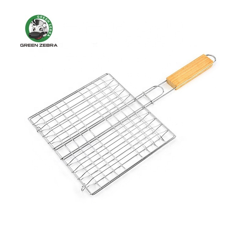 Manufacturer Supply Stainless Steel Grid Hamburger Barbecue Net Outdoor Camping Metal BBQ Wire Mesh with Wood Handle