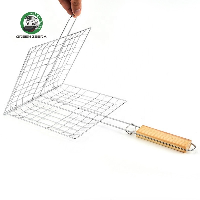 Manufacturer Supply Stainless Steel Grid Hamburger Barbecue Net Outdoor Camping Metal BBQ Wire Mesh with Wood Handle