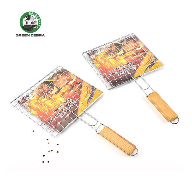 Manufacturer Supply Stainless Steel Grid Hamburger Barbecue Net Outdoor Camping Metal BBQ Wire Mesh with Wood Handle