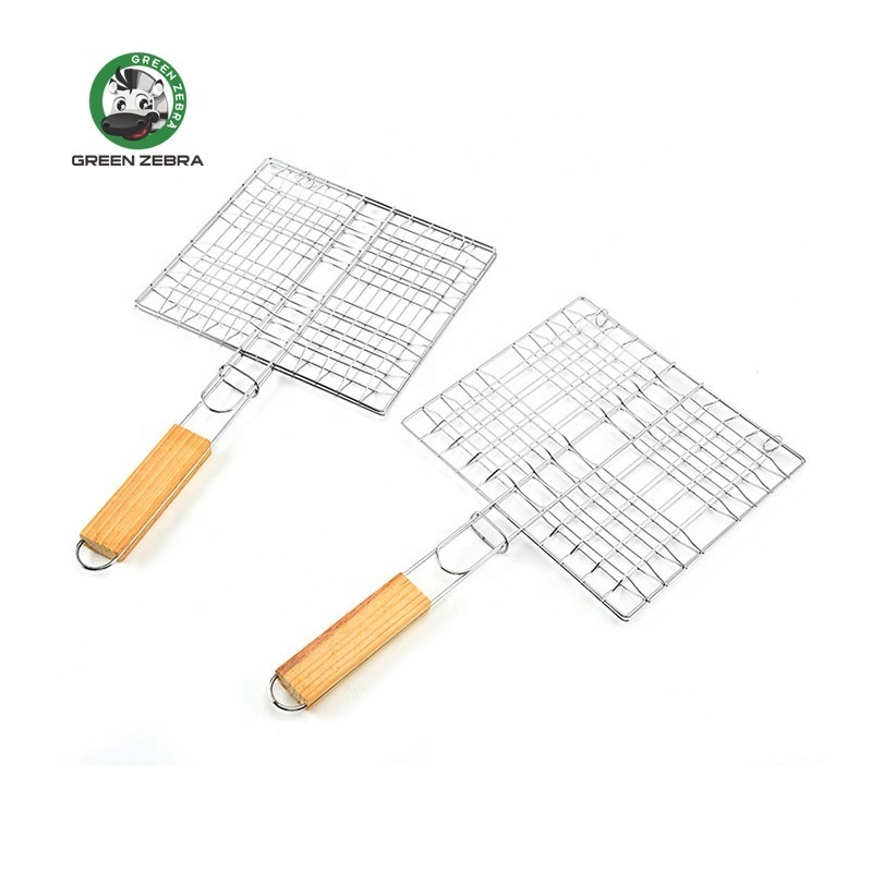 Manufacturer Supply Stainless Steel Grid Hamburger Barbecue Net Outdoor Camping Metal BBQ Wire Mesh with Wood Handle