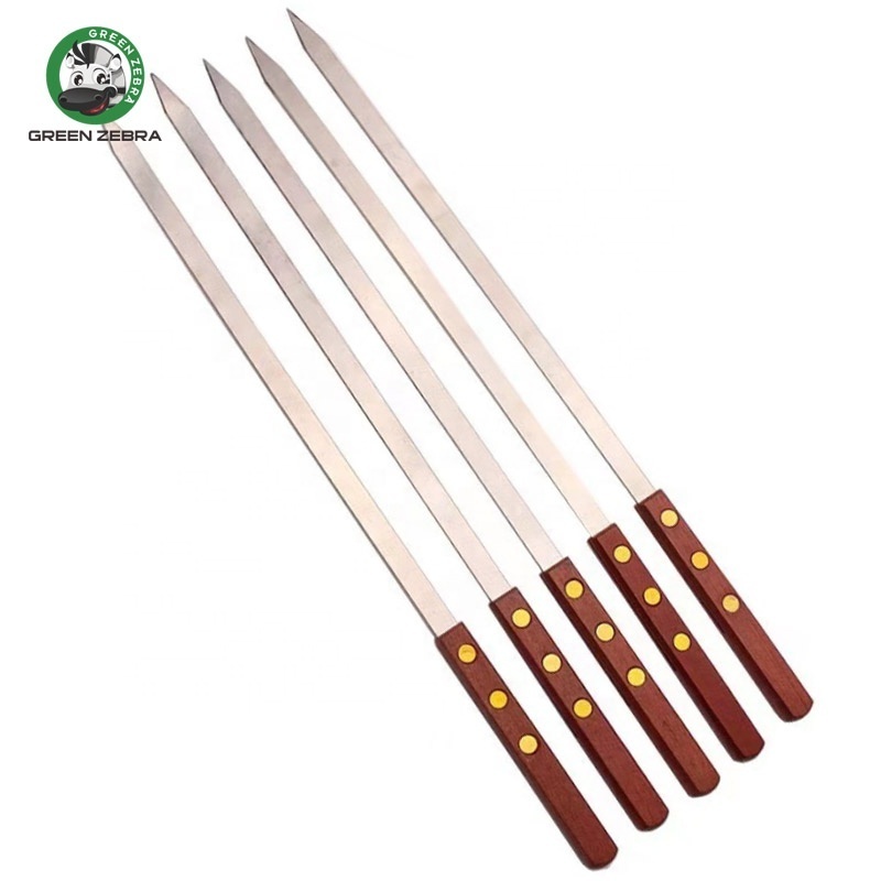 Outdoor Wide Stainless Steel BBQ Accessories Portable  Barbeque Large Flat Kabab Skewers with Wood Handle